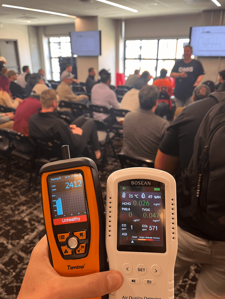 My CO2 sensor read 2400ppm (very unhealthy), theirs read 570ppm (outside air quality)